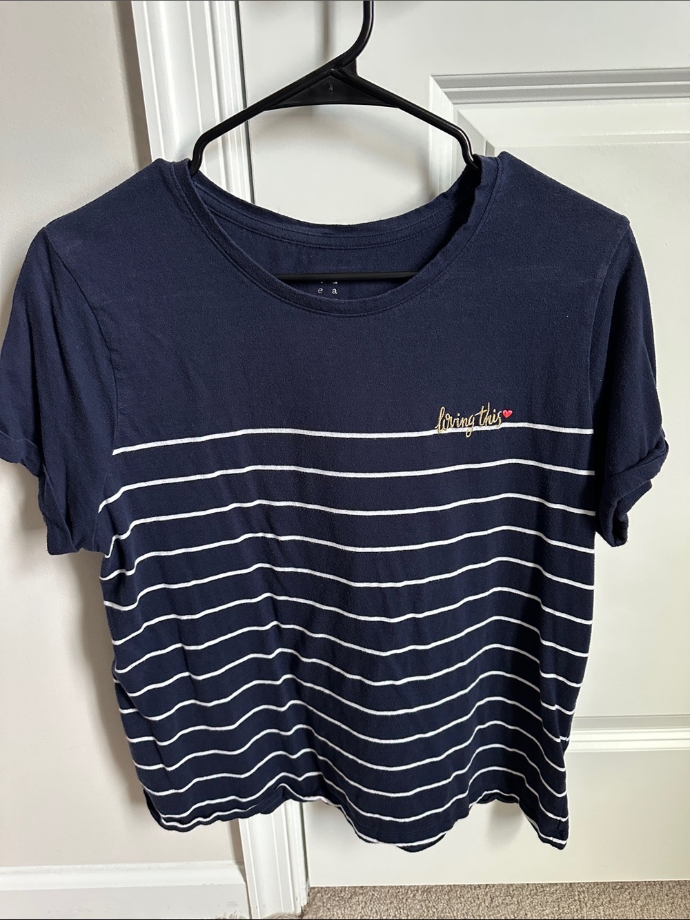 a new day Navy Striped Short Sleeve Tee with 'loving this' Embroidery